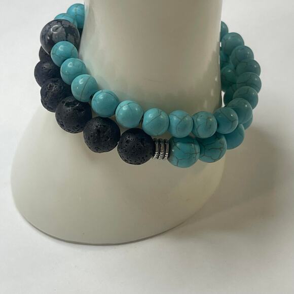 Set of two stretch bracelets beaded turquoise colored blue charcoal gray stones - Picture 5 of 7